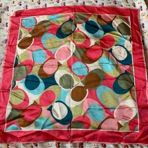 COACH geometric logo print square scarf with pink border